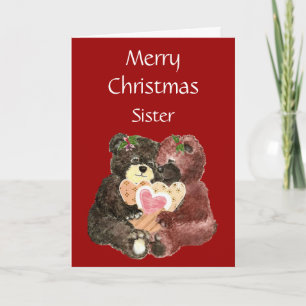 Tarjeta Festiva Hermana navideña Feliz, abrazos del oso de Teddy