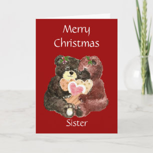 Tarjeta Festiva Hermana navideña Feliz, abrazos del oso de Teddy