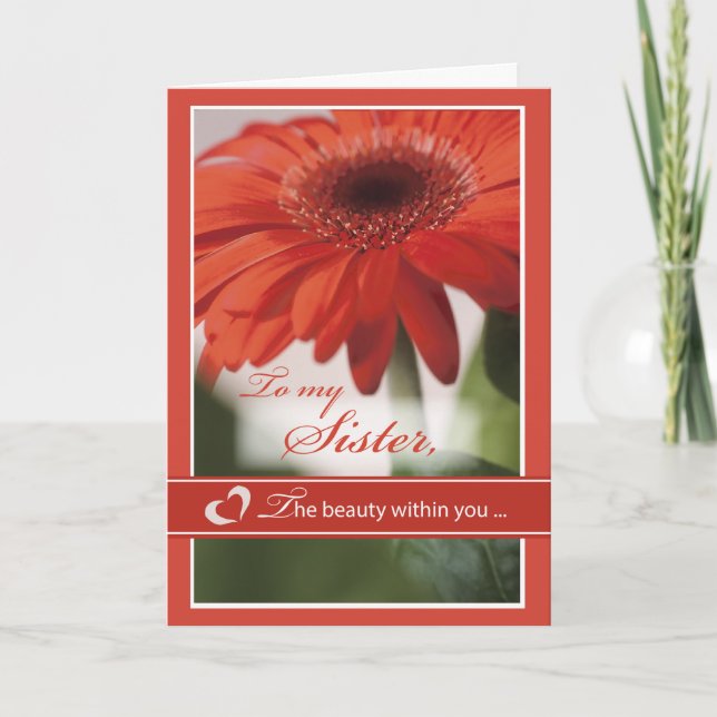 Tarjeta Festiva Hermana, Red Gerber Daisy Valentine (Anverso)