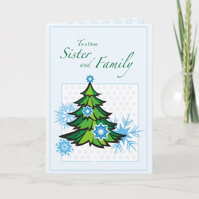 Tarjeta Festiva Hermana y árbol familiar con copas de nieve (Anverso)