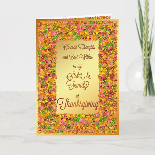 Tarjeta Festiva Hermana y familia, Acción de Gracias, hojas de oto (Anverso)