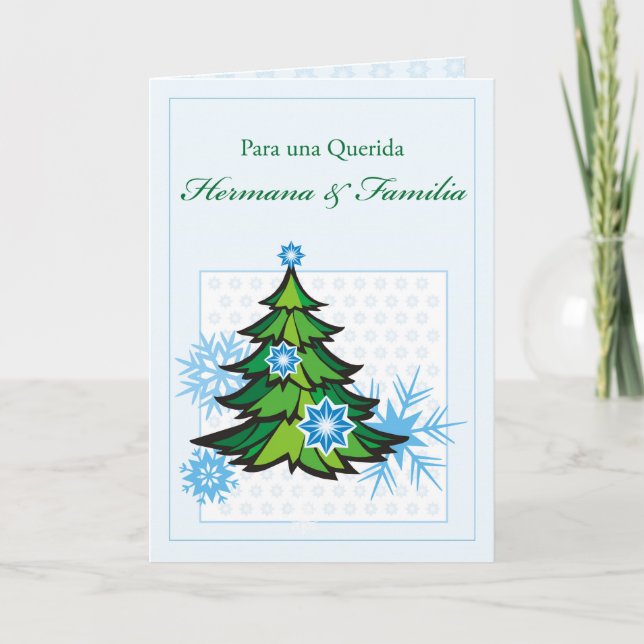 Tarjeta Festiva Hermana y familia, español, navidad, copos de (Anverso)