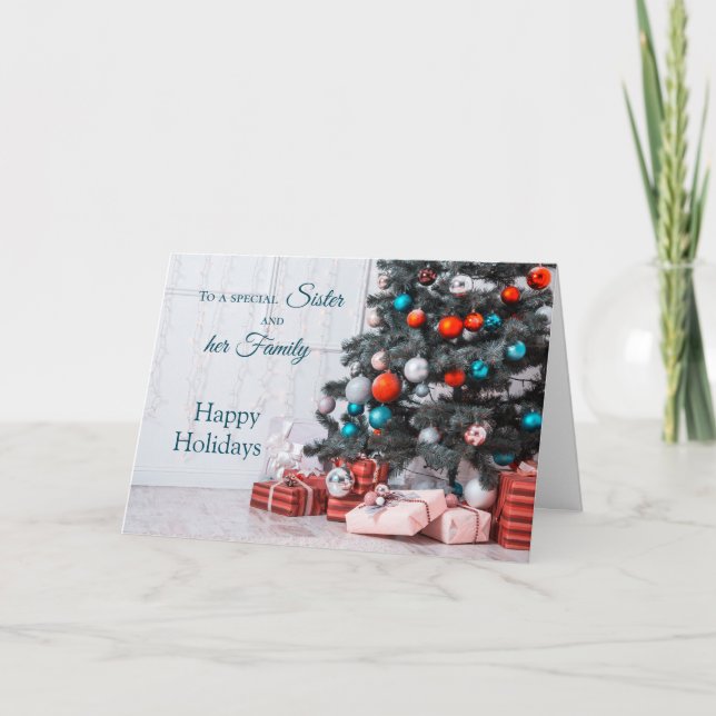 Tarjeta Festiva Hermana y sus familiares baubles en árbol de Navid (Anverso)