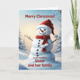 Tarjeta Festiva Hermana y sus Navidades familiares Snowman