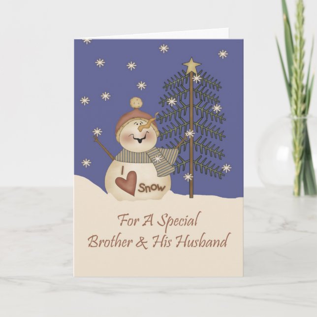 Tarjeta Festiva Hermano y esposo de Navidades de Snowman (Anverso)