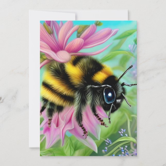 Tarjeta Festiva Hermosa abeja en una flor rosa cerca (Anverso)