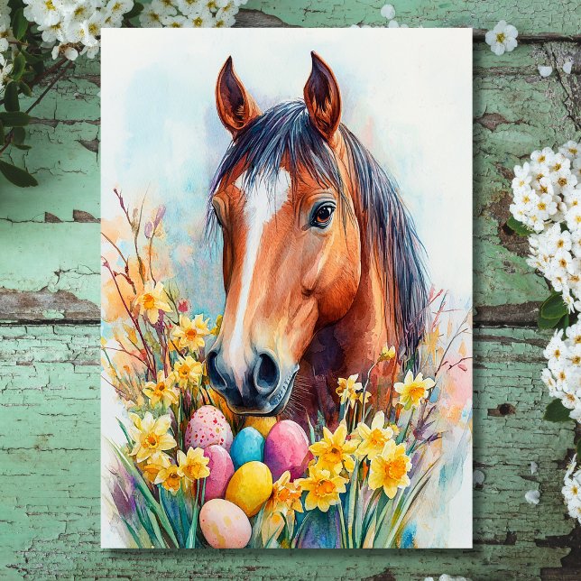 Tarjeta Festiva Hermosa acuarela Caballo Deseos de Pascua (Front - Beautiful Watercolor Horse Easter Wishes Holiday Card)