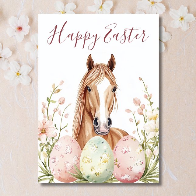 Tarjeta Festiva Hermosa acuarela Caballo Deseos de Pascua (Front - Beautiful Watercolor Horse Easter Wishes Holiday Card)