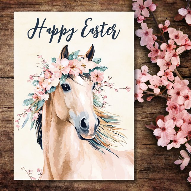 Tarjeta Festiva Hermosa acuarela Caballo Floral Pascua (Horse - Beautiful Watercolor Horse Floral Easter Card)
