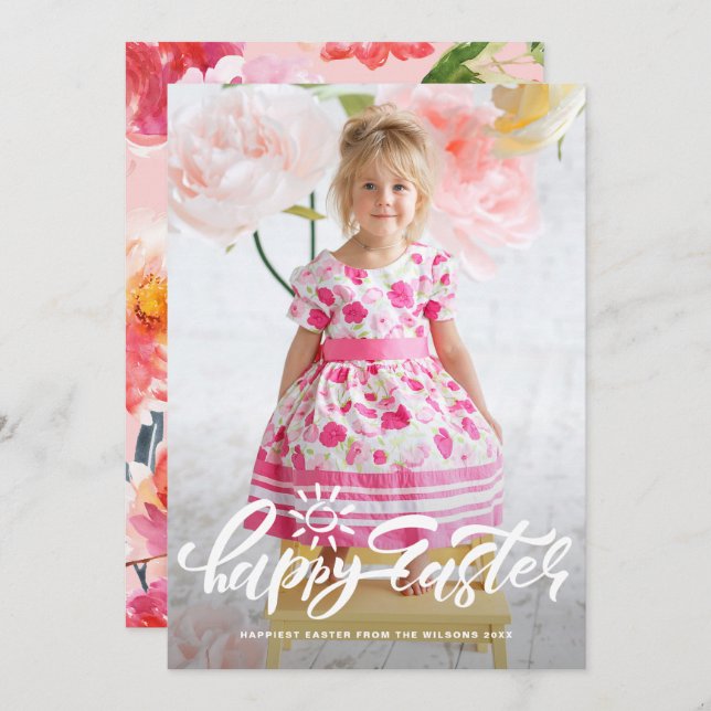 Tarjeta Festiva Hermosa Caligrafía Moderna Foto Feliz Pascua (Anverso / Reverso)