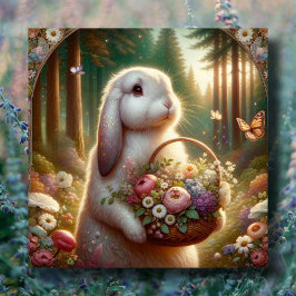 Tarjeta Festiva Hermosa cesta de flores Bunny Art Nouveau Pascua