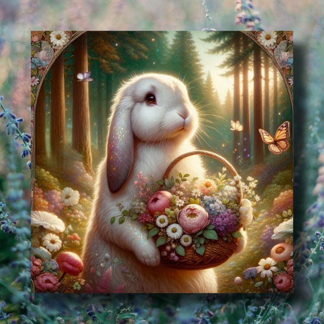 Tarjeta Festiva Hermosa cesta de flores Bunny Art Nouveau Pascua (Subido por el creador)