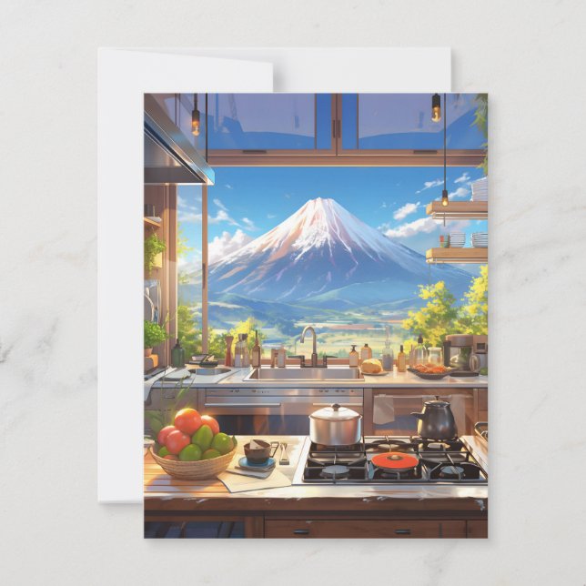 Tarjeta Festiva Hermosa cocina con vistas al Monte Fuji (Anverso)