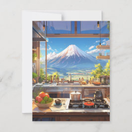 Tarjeta Festiva Hermosa cocina con vistas al Monte Fuji