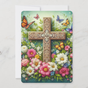 Tarjeta Festiva Hermosa cruz floral de Pascua con mariposas