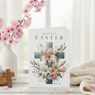 Tarjeta Festiva Hermosa Cruz Floral Personalizado Pascua Cristiana