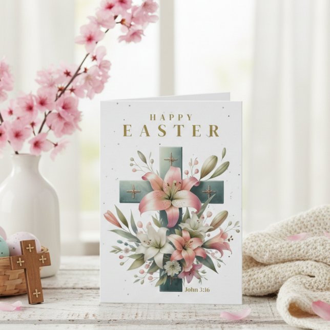 Tarjeta Festiva Hermosa Cruz Floral Personalizado Pascua Cristiana (Beautiful Floral Cross Custom Christian Easter Holiday Card with customizable text.)