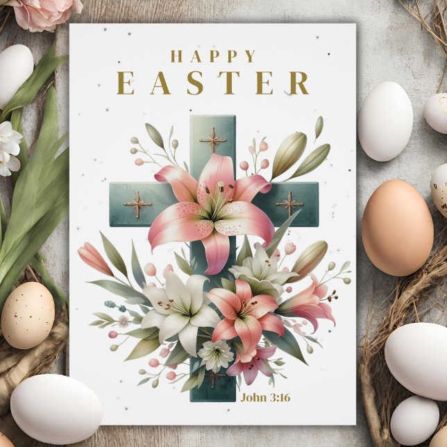 Tarjeta Festiva Hermosa Cruz Floral Personalizado Pascua Cristiana (Beautiful Floral Cross Custom Christian Easter Holiday Card with customizable text.)