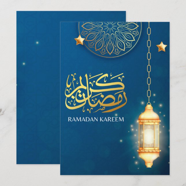 Tarjeta Festiva Hermosa linterna azul Ramadan Kareem Bendición (Anverso / Reverso)