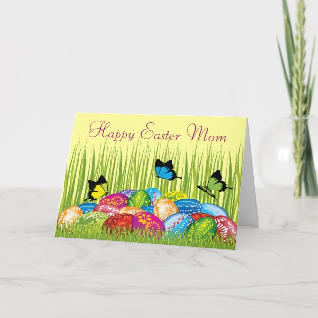 Tarjeta Festiva Hermosa mamá de huevos de Pascua y mariposas (Anverso)