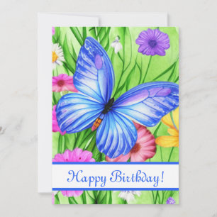 Tarjeta Festiva Hermosa mariposa azul con flores acuarela