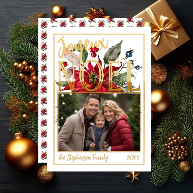 Tarjeta Festiva Hermosa Poinsettia y Berries Joyeux Noël ("Joyeux Noël" French "Merry Christmas" Faux Foil and White Poinsettia | Berries Flat Greeting Card)