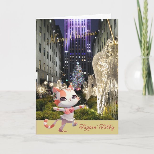 Tarjeta Festiva Hermosa Rockefeller Plaza y el gato Tappin’ Tabby (Anverso)