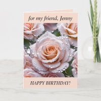 Hermosa rosa rosa, carta de cumpleaños de gotas de