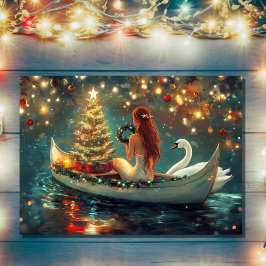 Tarjeta Festiva Hermosa sirena con Navidades cisnes