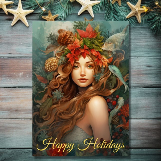Tarjeta Festiva Hermosa sirena feliz vacaciones Navidades de playa (Front - Beautiful Mermaid Happy Holidays Beach Christmas Holiday Card)