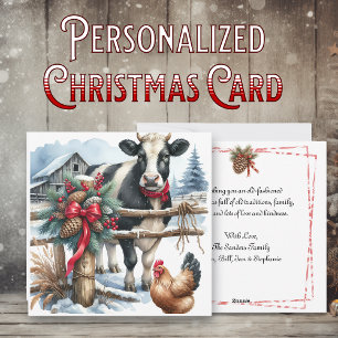 Tarjeta Festiva Hermosa vaca de vacaciones con gallo personalizado