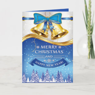 Tarjeta Festiva Hermosas campanas de Navidades dorados con arco az