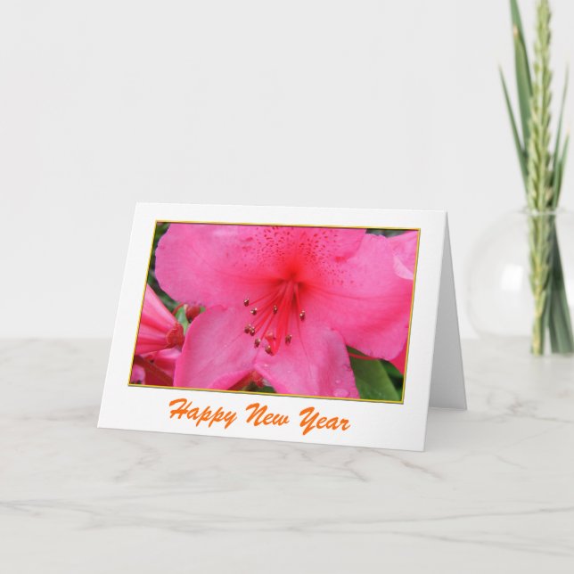 Tarjeta Festiva Hermosas flores de azalea rosa Año Nuevo (Anverso)