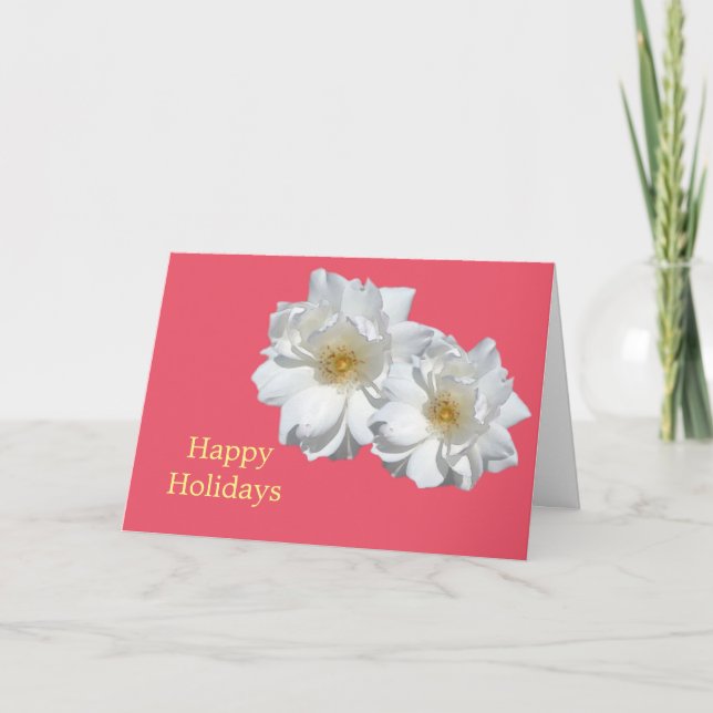 Tarjeta Festiva Hermosas flores de rosa blancas rojas vacaciones f (Anverso)