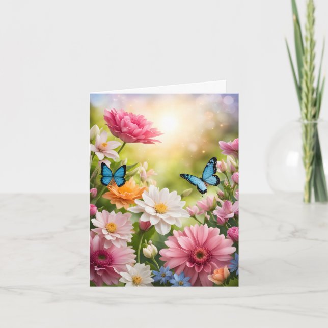 Tarjeta Festiva Hermosas flores y mariposas Día de la Madre (Anverso)