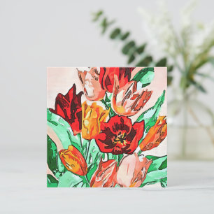 Tarjeta Festiva Hermoso Bouquet Floral Tulipanes Arte Contorno Neg