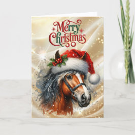 Tarjeta Festiva Hermoso caballo bayo con sombrero de Santa