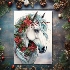 Tarjeta Festiva Hermoso caballo blanco con Navidades de flores roj