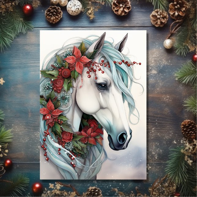 Tarjeta Festiva Hermoso caballo blanco con Navidades de flores roj (Front - Beautiful White Horse with Red Flowers Christmas Holiday Card)