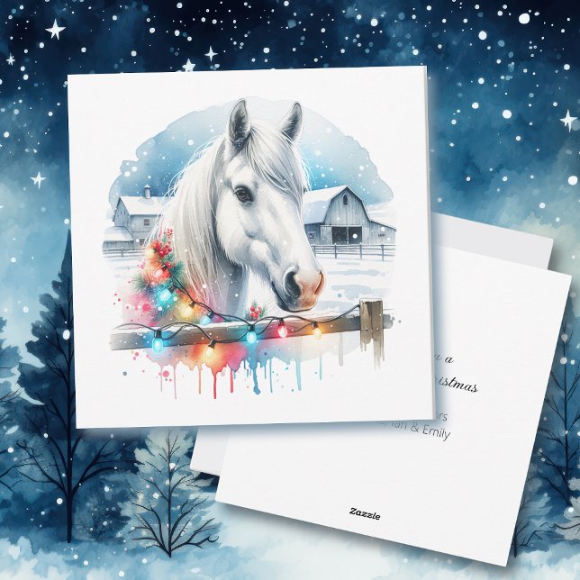 Tarjeta Festiva Hermoso caballo blanco en Navidades de granjas (Subido por el creador)