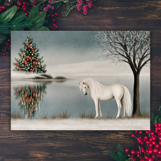 Tarjeta Festiva Hermoso Caballo Blanco junto a un Lago Invernal en