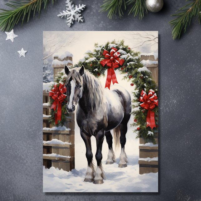 Tarjeta Festiva Hermoso caballo gris con Navidades de Winter Garla (Front - Beautiful Grey Horse with Winter Garland Christmas Holiday Card)