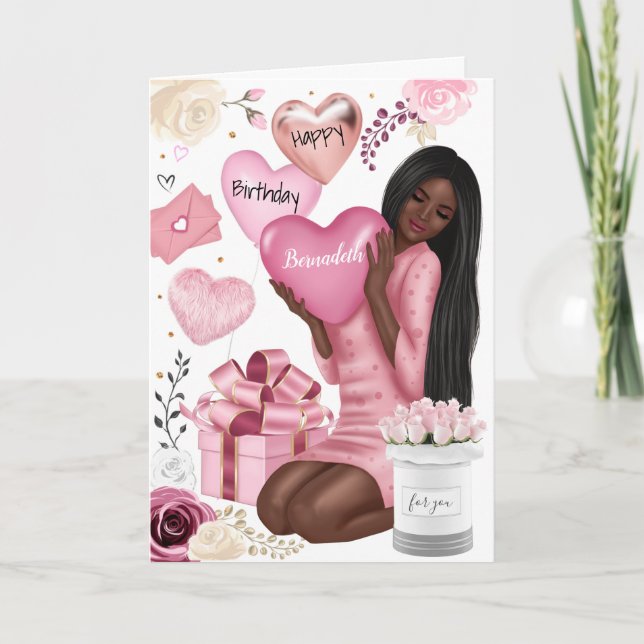 Tarjeta Festiva Hermoso Chica afroamericano feliz cumpleaños (Anverso)