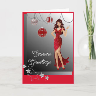 Tarjeta Festiva Hermoso Chica Rojo Vocero con adornos de dangling