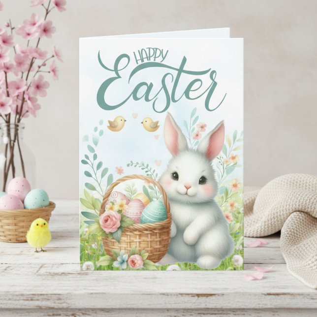 Tarjeta Festiva Hermoso conejo con Personalizado de cesta Feliz Pa (Cute Bunny With Basket Custom Happy Easter Holiday Card)