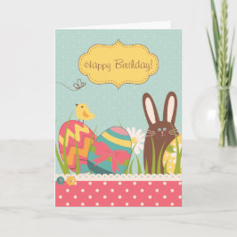 Tarjeta Festiva Hermoso conejo y coloridos huevos de Pascua Feliz 