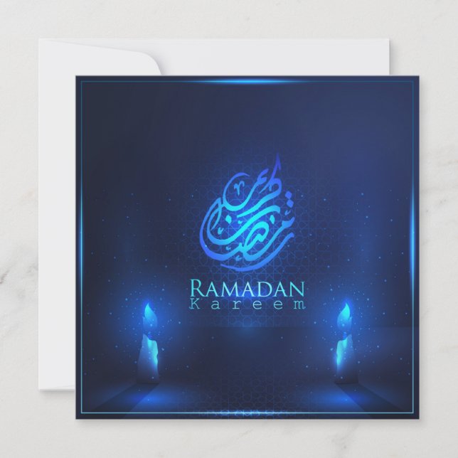 Tarjeta Festiva Hermoso Ramadan Mubarak caligrafía árabe azul (Anverso)