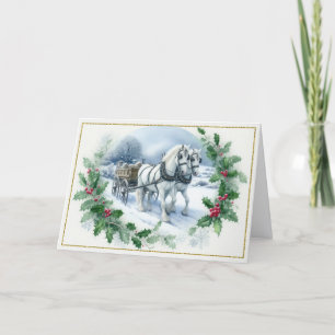 Tarjeta Festiva Hermosos caballos de tiro blancos tirando de un ca