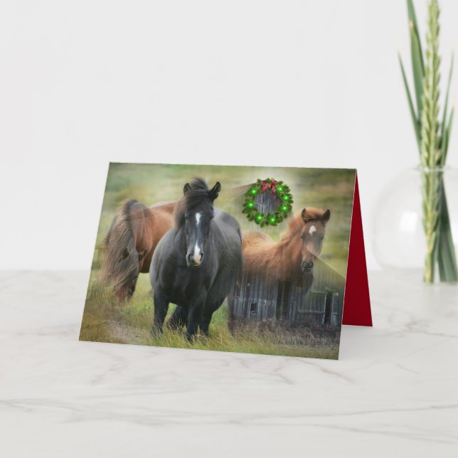 Tarjeta Festiva Hermosos caballos Rústicos Navidades de bares (Anverso)