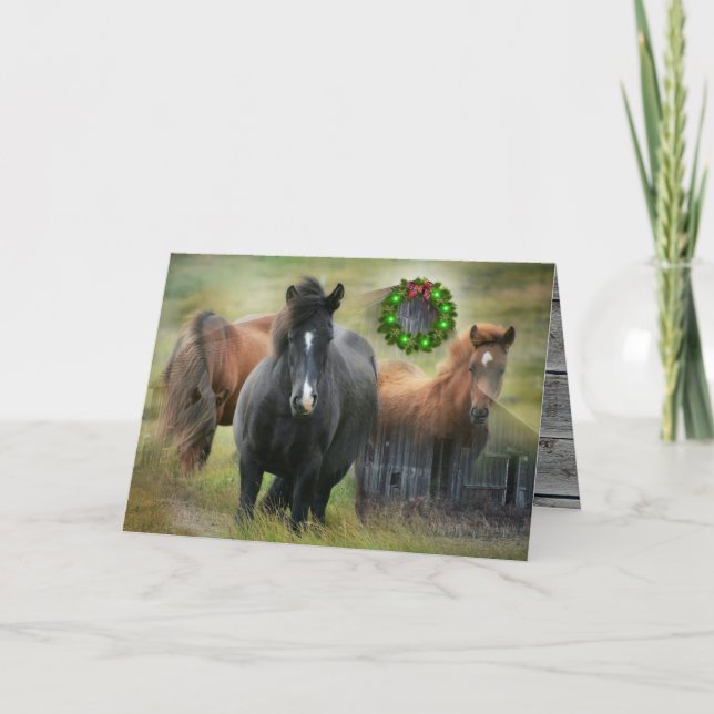 Tarjeta Festiva Hermosos caballos y Navidades rústicos de graneros (Anverso)